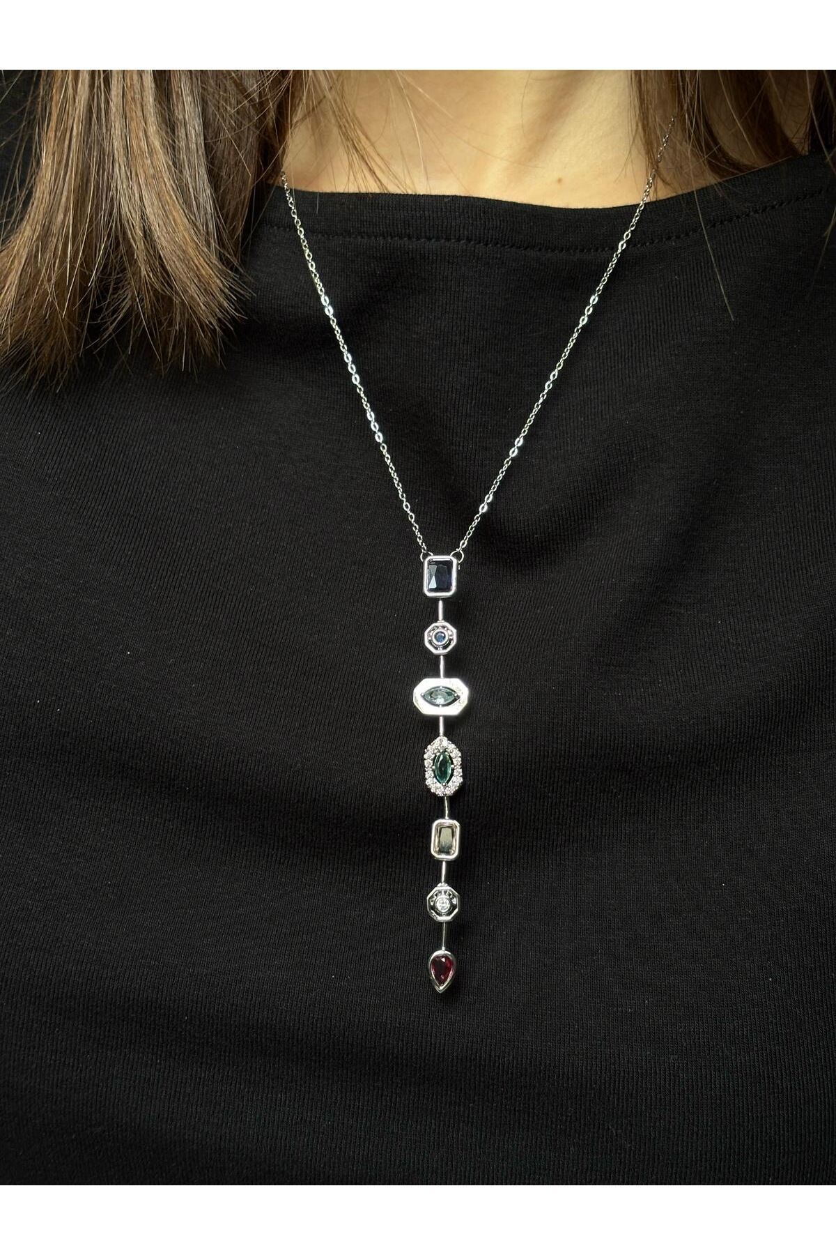 Renkli Taşlı Melis Goral Y Kolye Silver 2 Renk Seçeneği