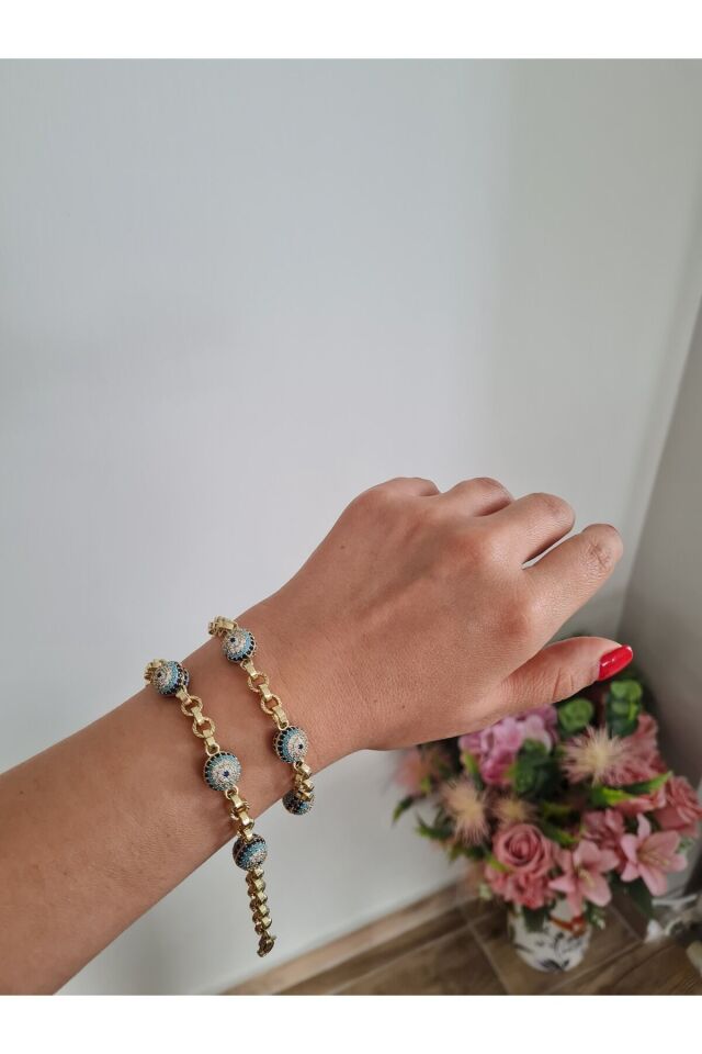 xupıng 14 K Altın Rengi Nazar Boncuk Detaylı Çelik Kadın Bileklik