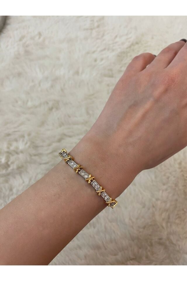 Gold ve Gümüş Renk İki Tonlu X Tasarım Zirkon Taşlı Su Yolu Bileklik