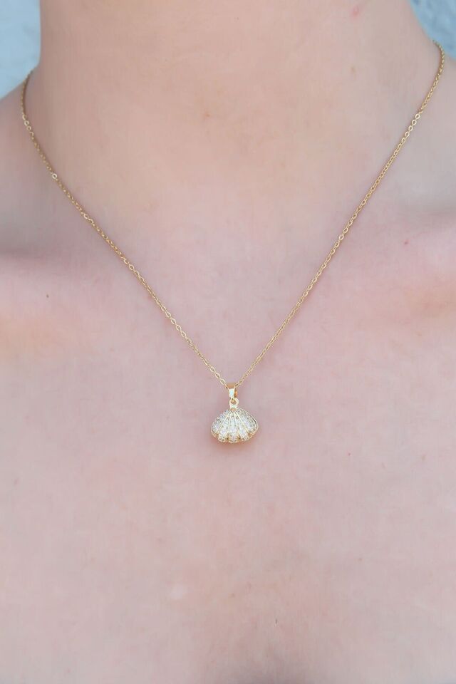 316L Çelik Gold Renk Açılır Midye Model Kadın Kolye - TJ-BKO7390