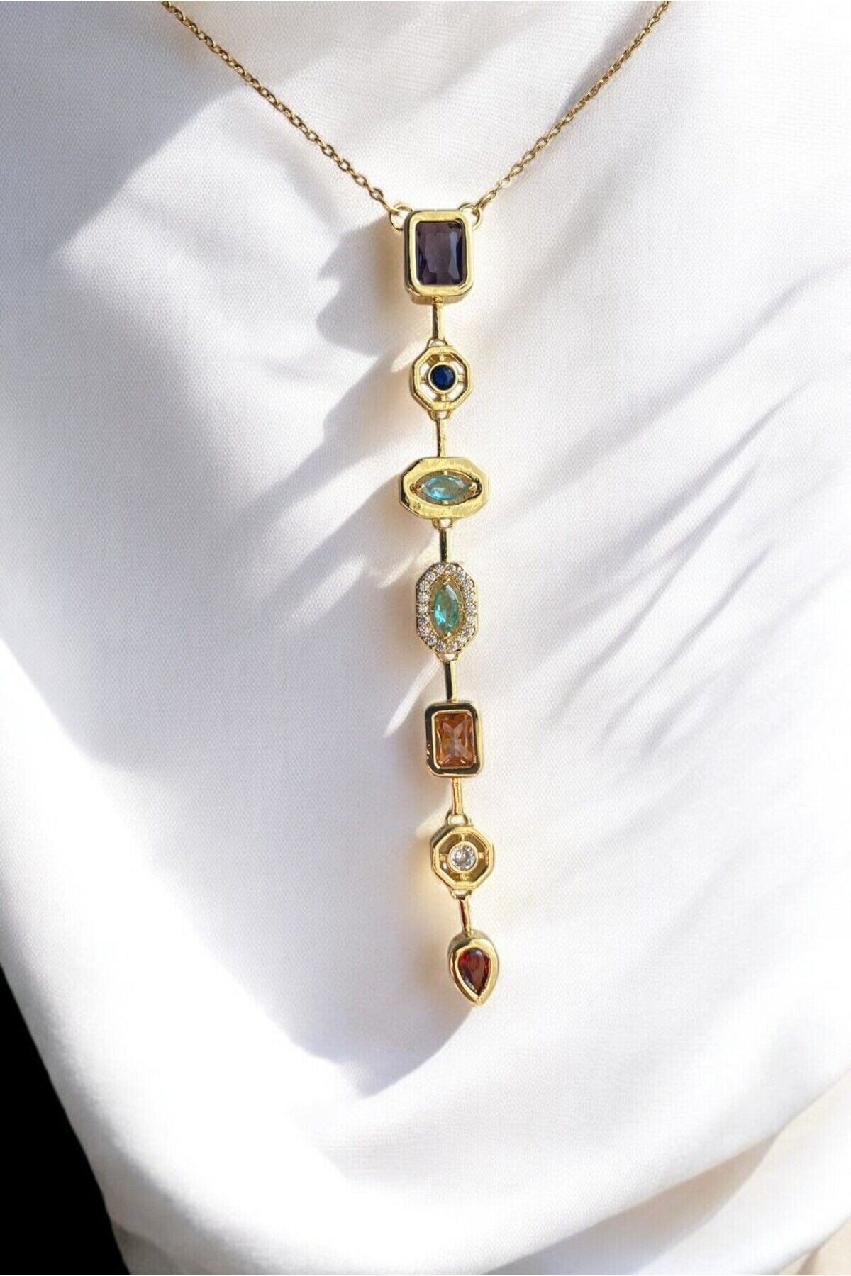 Renkli Taşlı Y Kolye Çelik