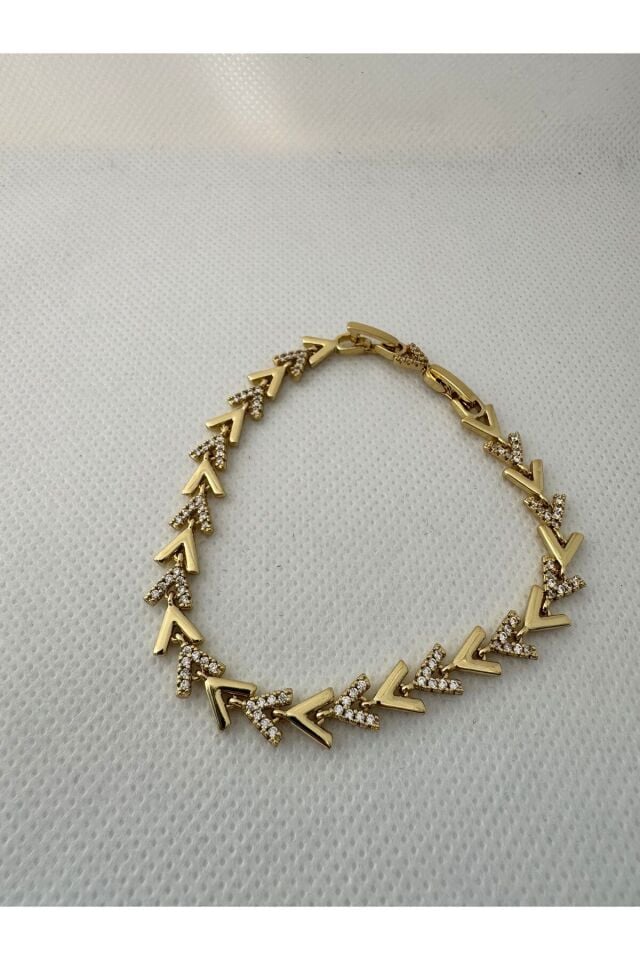 Gold Renk Zirkon Taşlı Sıralı V Motifli Geometrik Bileklik