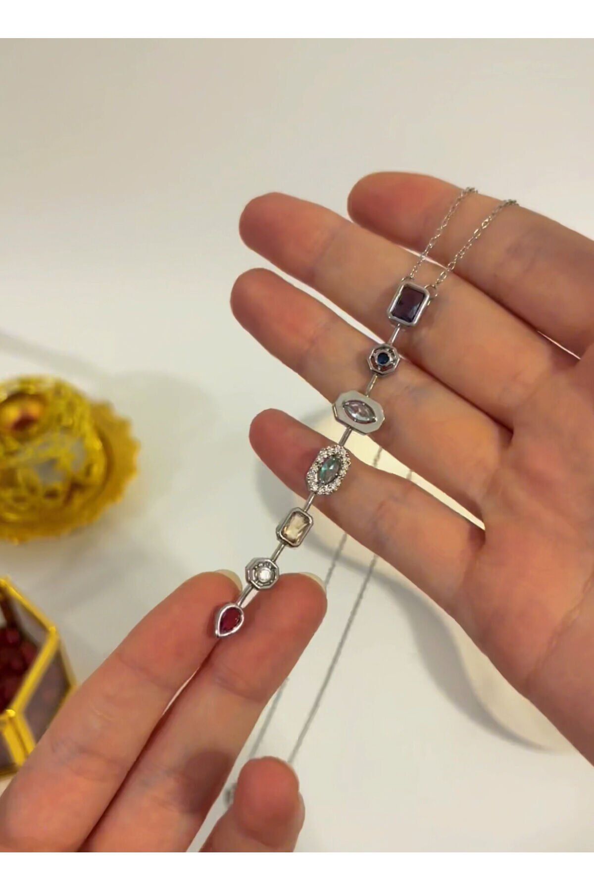 Taşlı Y Kolye Gümüş Renk