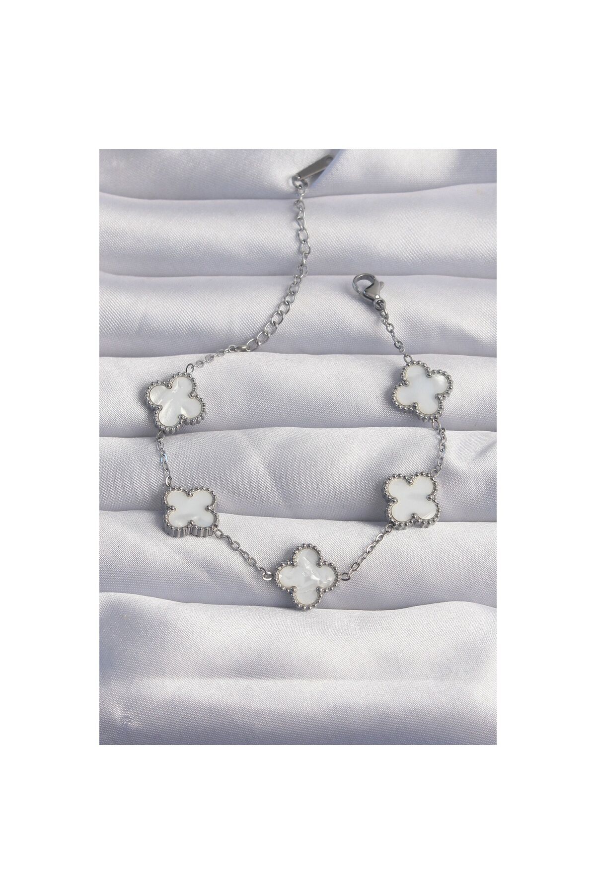 316L Çelik Gümüş Renk Beyaz Sedefli Yonca Bileklik