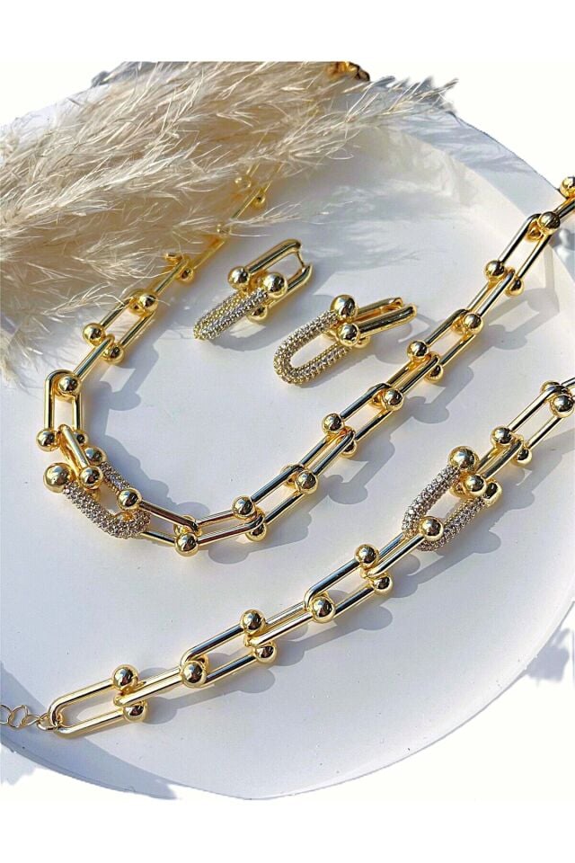Taşlı Tiffany Üçlü Takı Seti Kolye-Bileklik-Küpe Gold Set