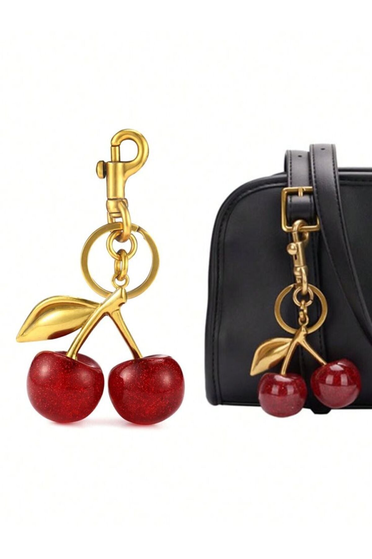 Kiraz Büyük Boy Mat Gold Detaylı Kırmızı Viral Pinterest Çanta Charm Çanta Süsü / Anahtarlık
