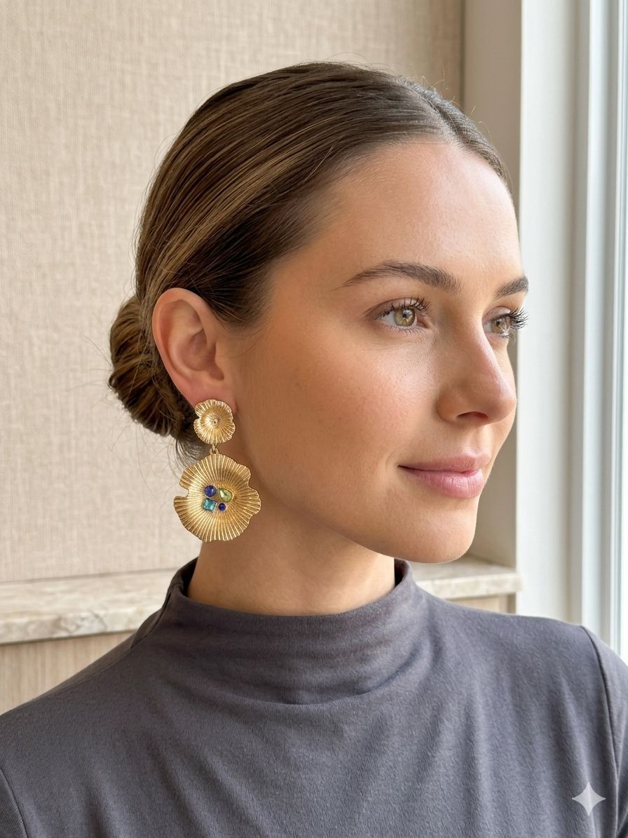Modern Klasik Gold Floral Küpe