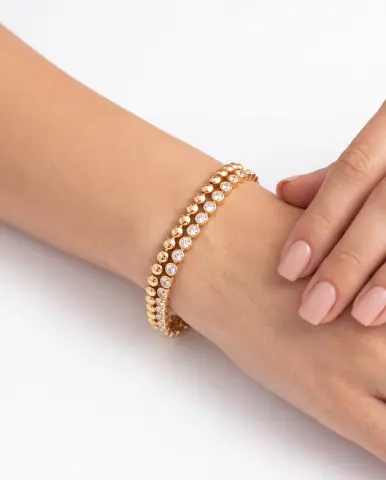 Xuping Jewelry Çift Sıra Zirkon Taşlı ve Topçuk Detaylı Altın Kaplama Lüks Bileklik