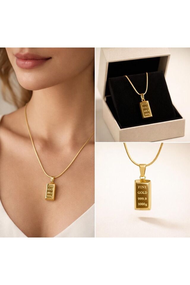 Külçe Altın Model Paslanmaz Çelik Kolye Özel Kutulu