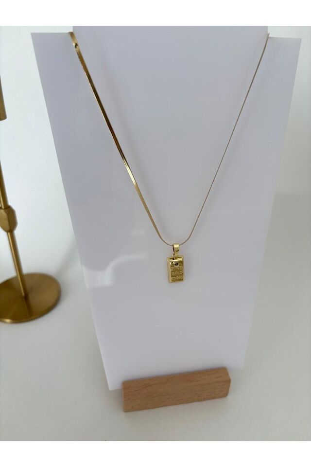İtalyan Külçe Taşlı Çelik Gold Kolye