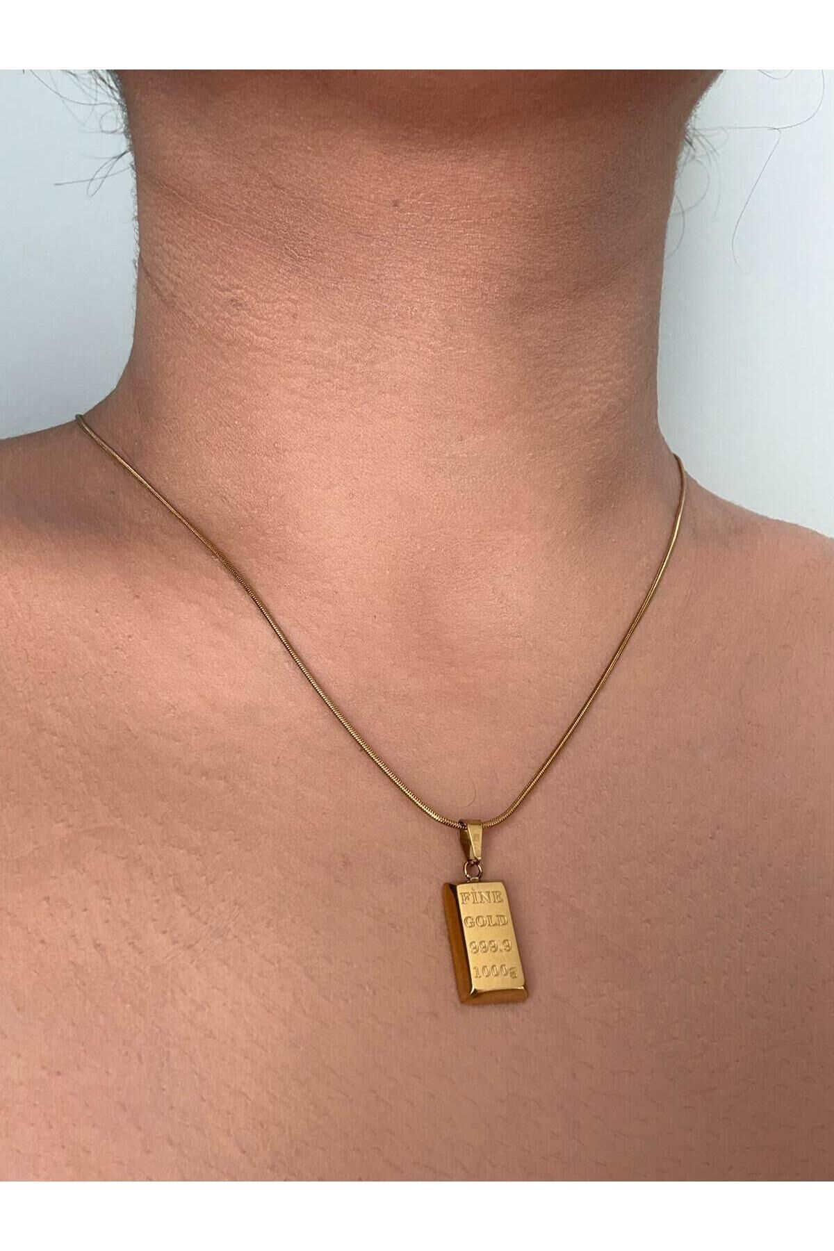 Silindir Zincirli Külçe Altın Kolye