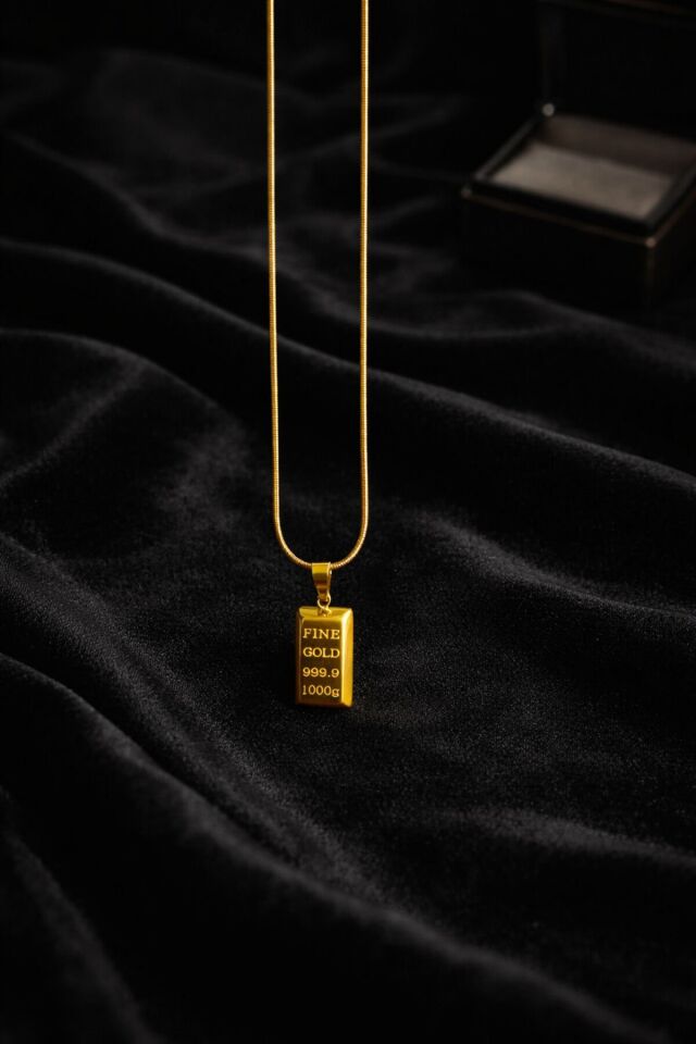 Külçe Altın Model Kararmaz Çelik Kolye – Gold Renk Paslanmaz