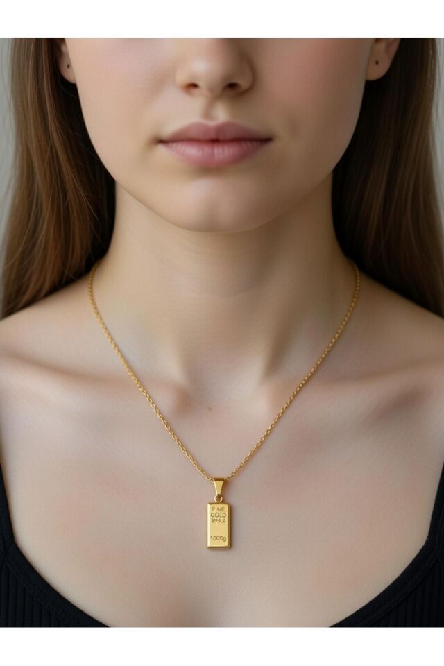 22 K Altın Kaplamalı Külçe Çelik Kolye