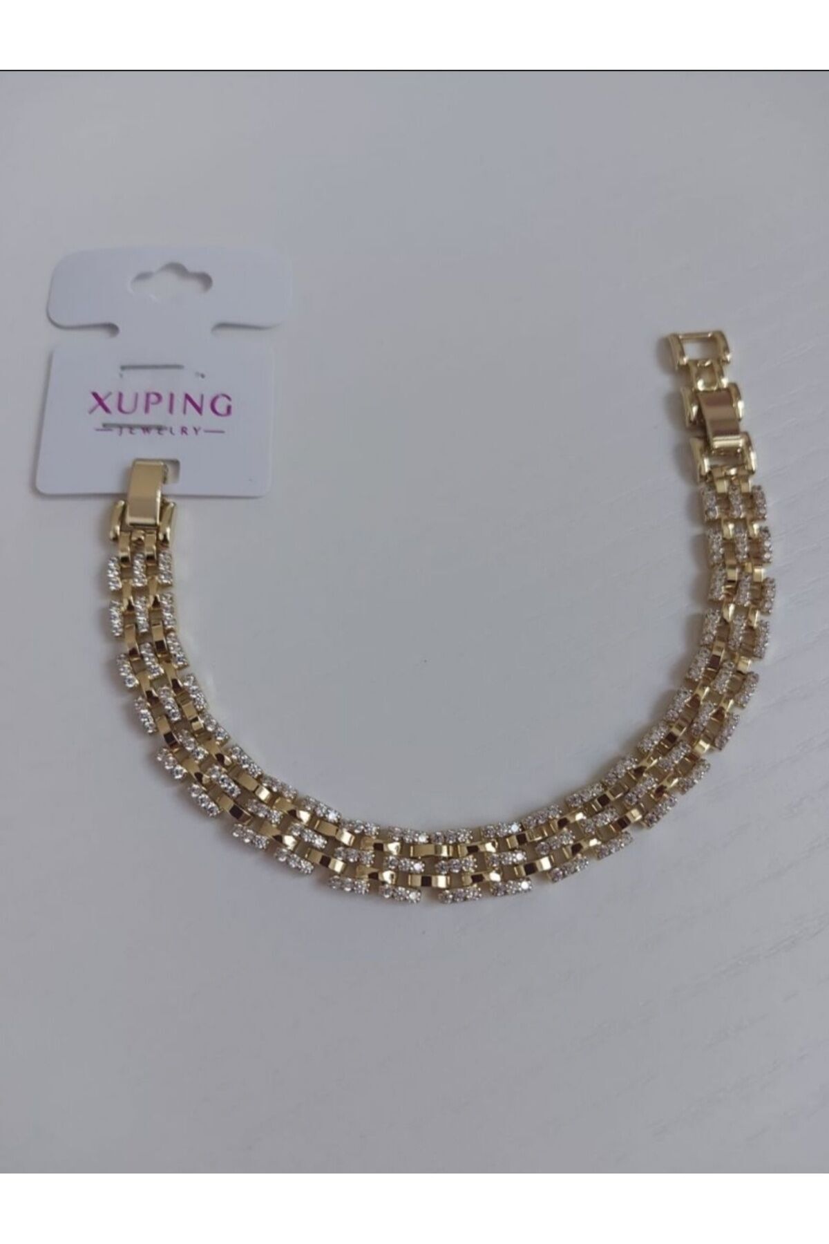 Xuping 14 Ayar Altın Kaplama Zirkon Taşlı Zikzak Model Bileklik 17+2 cm