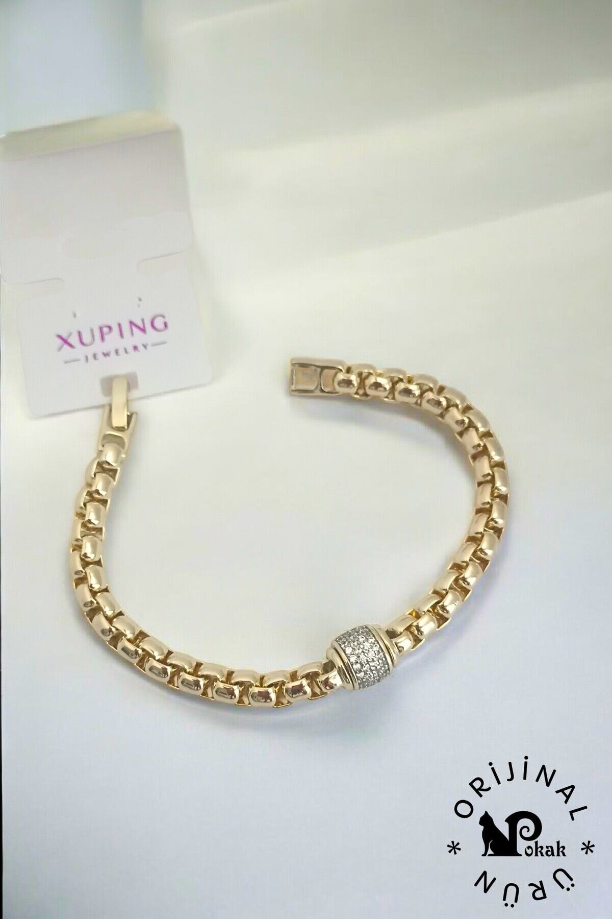 14K Altın Kaplama Ortası Dönen Zirkon Kalın Zincir Bileklik