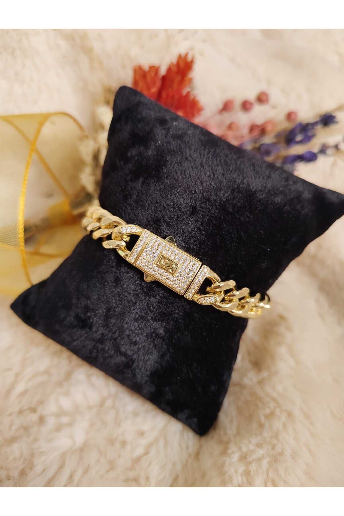 Gold Detaylı Çelik Zirkon Taşlı Kalın Bileklik