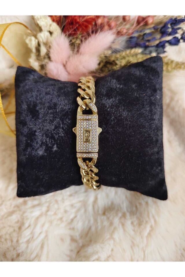 Gold Detaylı Çelik Zirkon Taşlı Kalın Bileklik