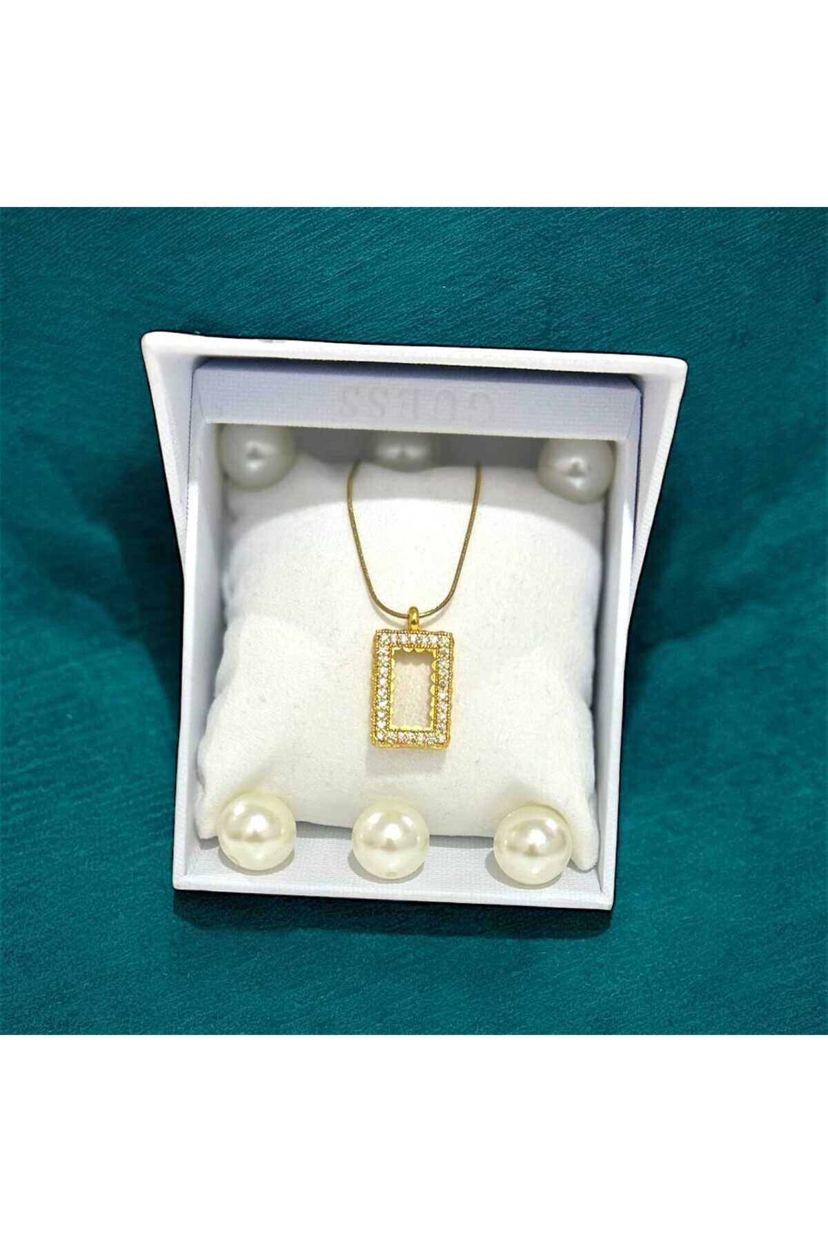 İnce Zincirli Çelik Kolye Külçe Gram Altın Uyumlu Çerçeve Zirkon Kolye-Kararmaz Çelik