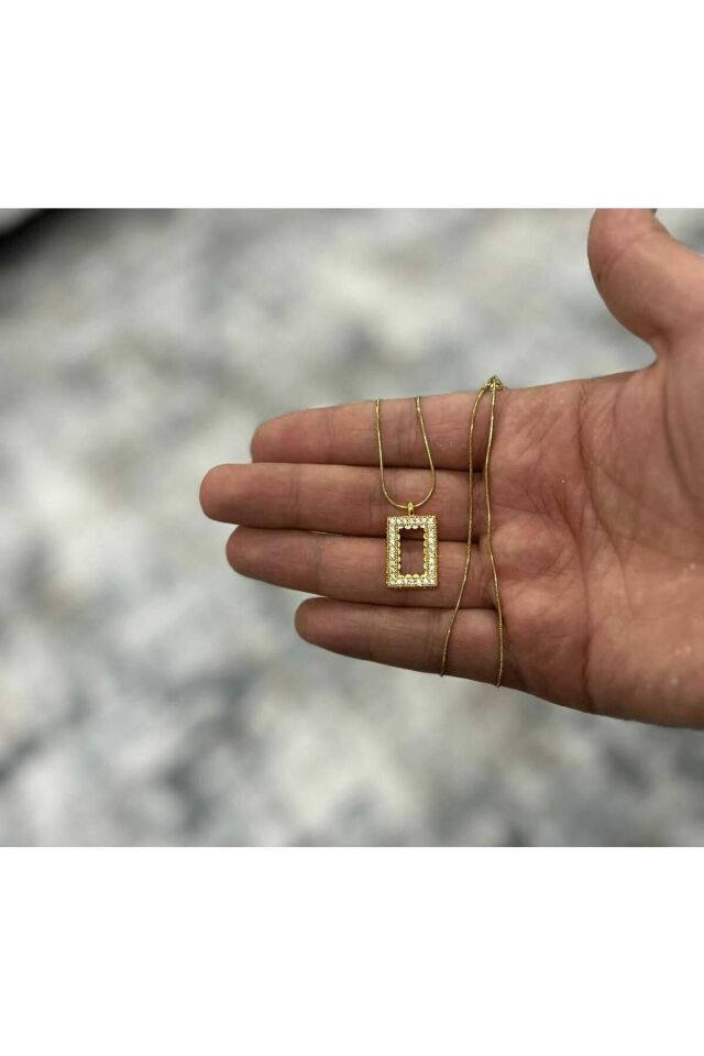 İnce Zincirli Çelik Kolye Külçe Gram Altın Uyumlu Çerçeve Zirkon Kolye-Kararmaz Çelik