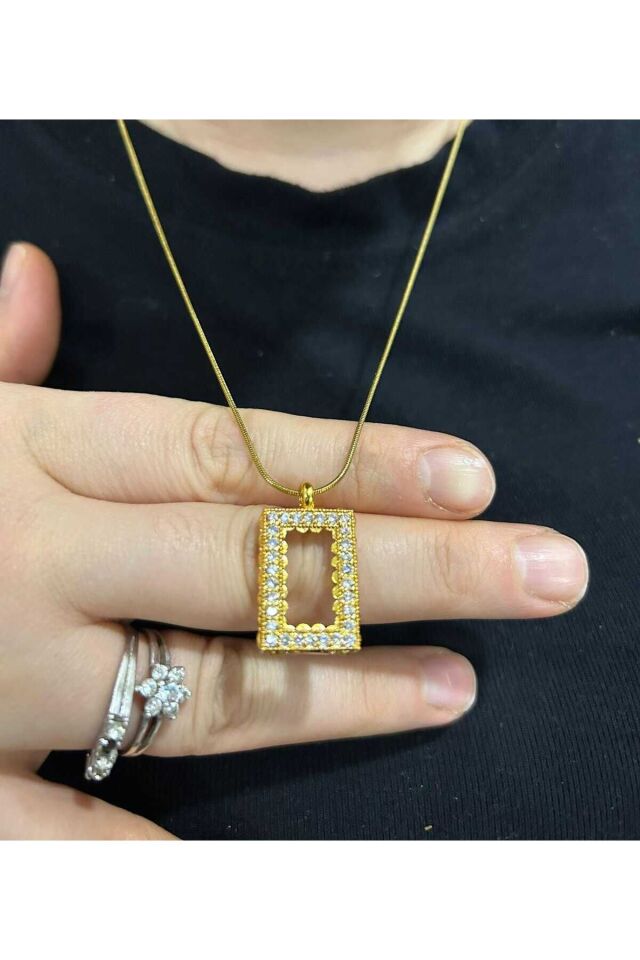 İnce Zincirli Çelik Kolye Külçe Gram Altın Uyumlu Çerçeve Zirkon Kolye-Kararmaz Çelik