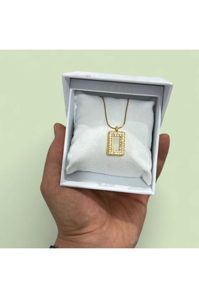 İnce Zincirli Çelik Kolye Külçe Gram Altın Uyumlu Çerçeve Zirkon Kolye-Kararmaz Çelik