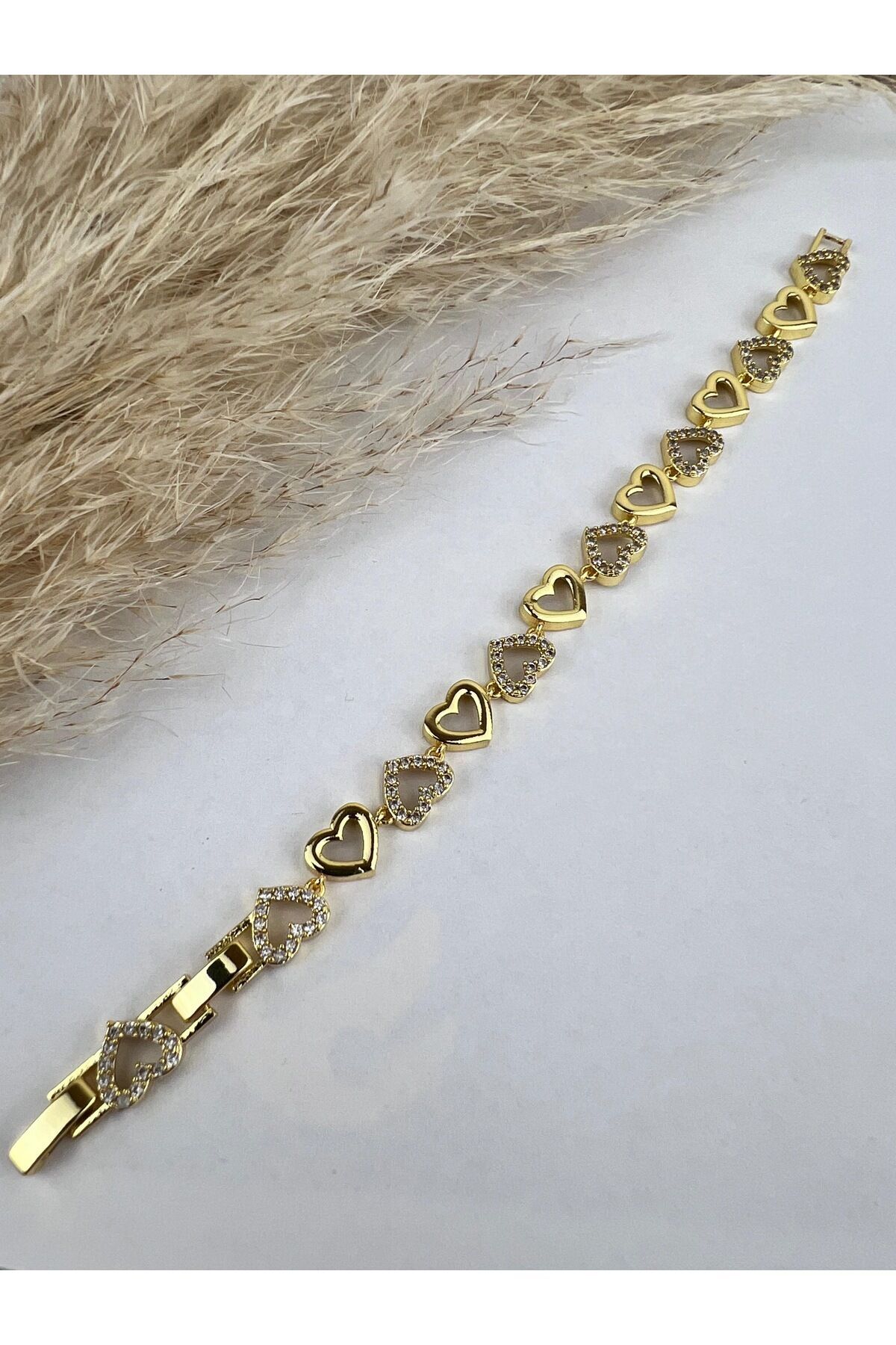 Taşlı Kalp Kadın Bileklik Gold