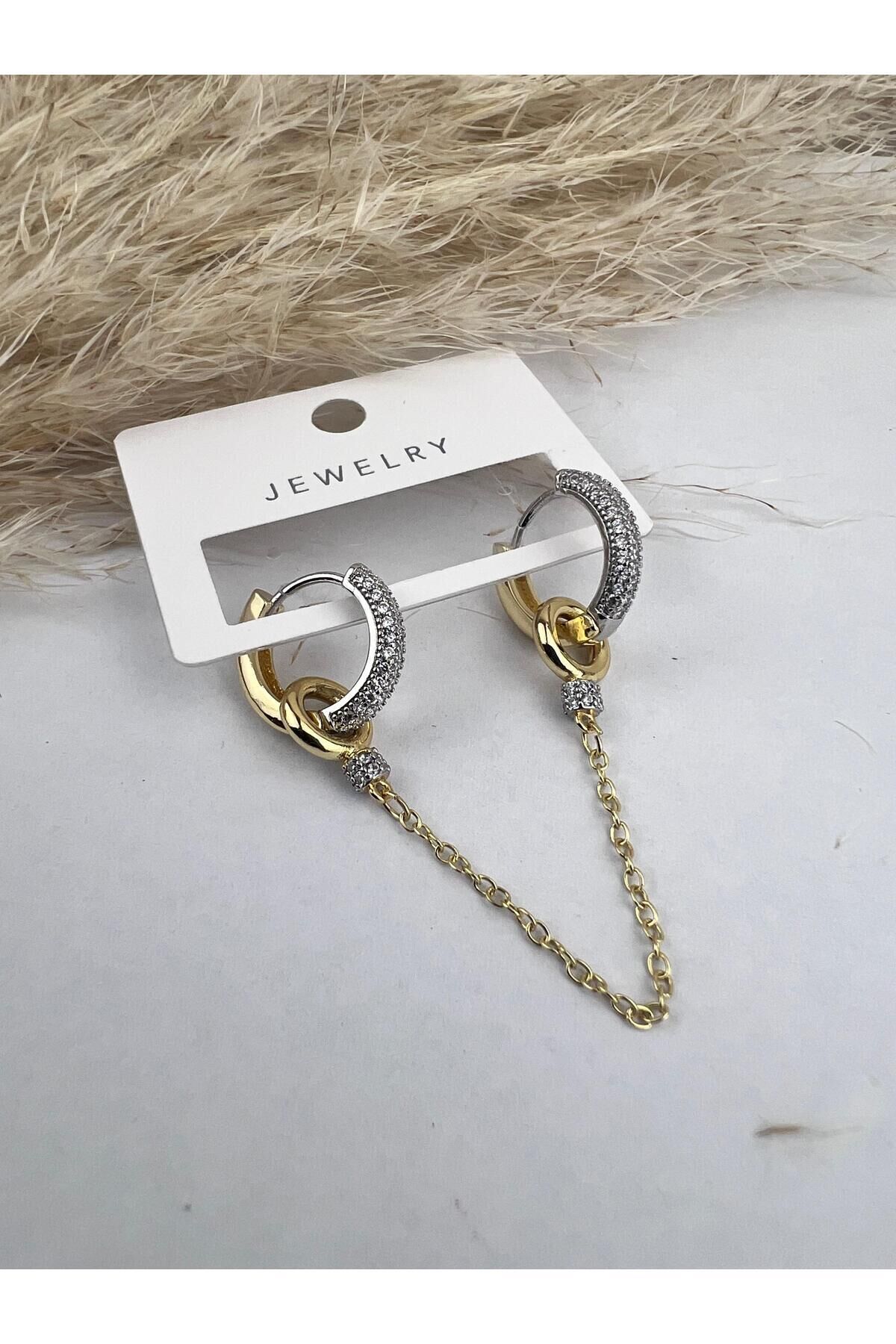 Tek Taraflı Salantılı Çift Renk Küpe Taşlı