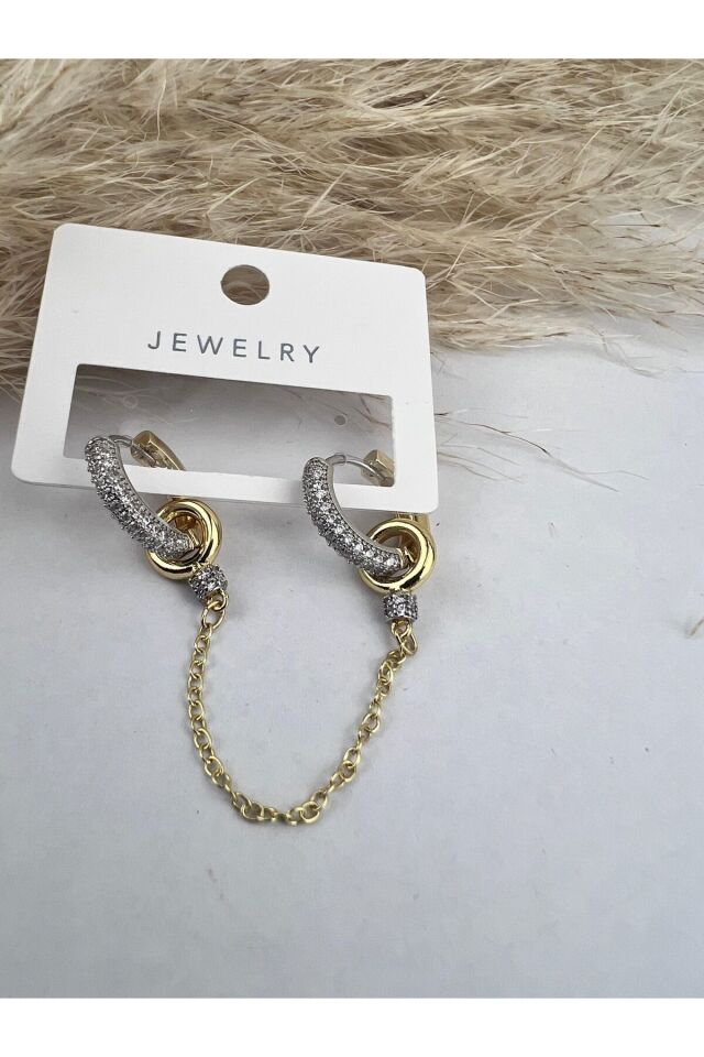 Tek Taraflı Salantılı Çift Renk Küpe Taşlı