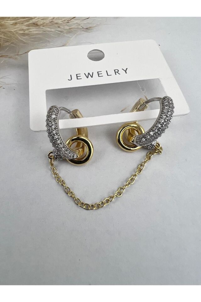 Tek Taraflı Salantılı Çift Renk Küpe Taşlı