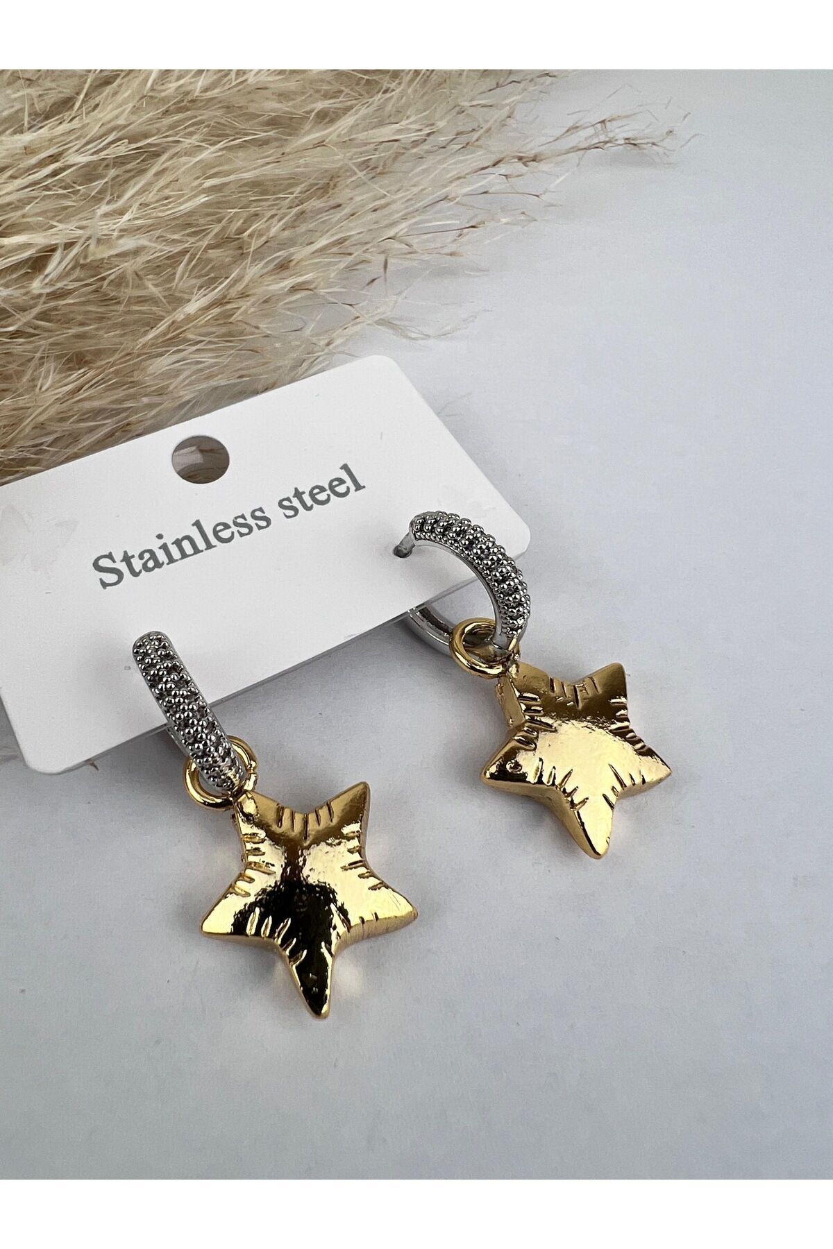 Taşlı Salantılı Yıldız Çift Renk Küpe