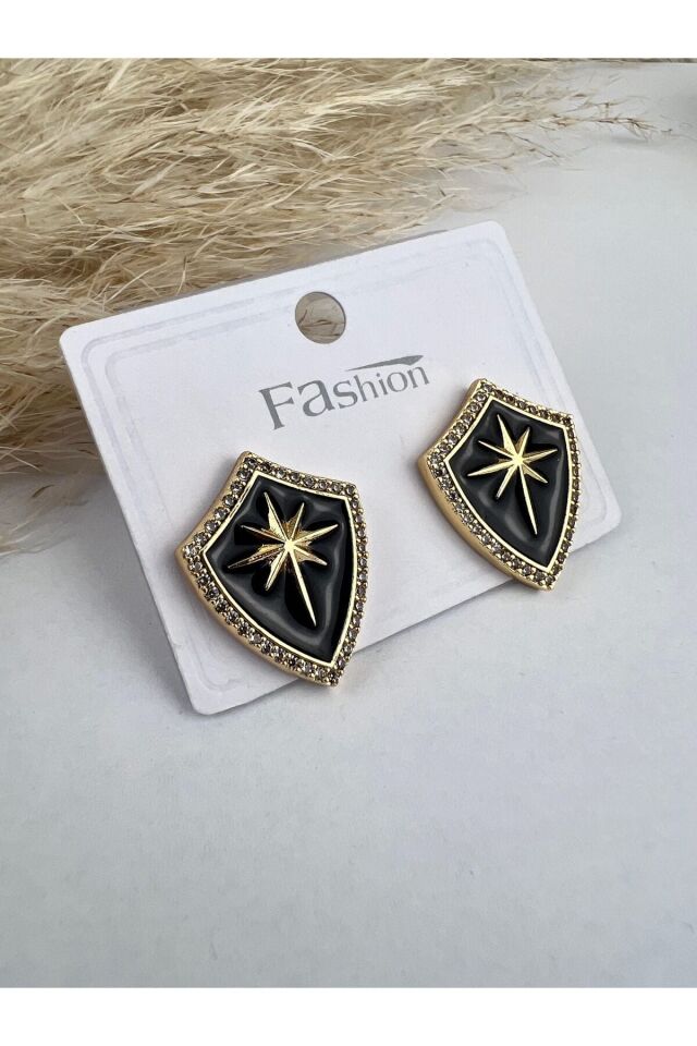 Siyah Mineli Kadın Küpe Taşlı