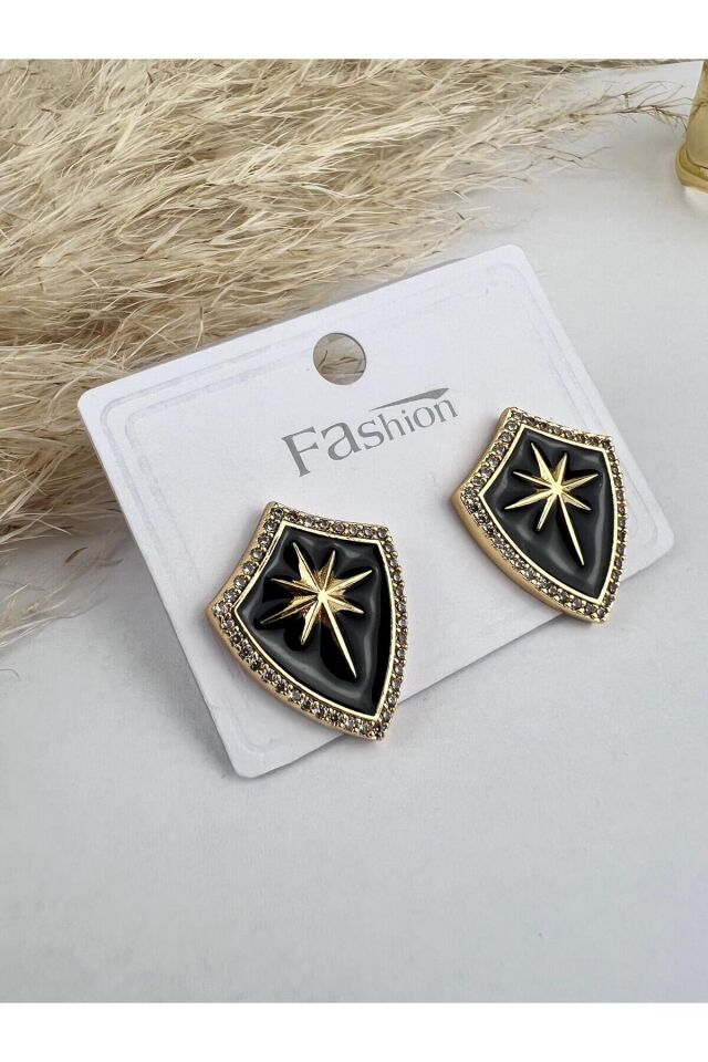 Siyah Mineli Kadın Küpe Taşlı