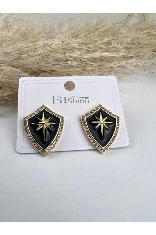 Siyah Mineli Kadın Küpe Taşlı