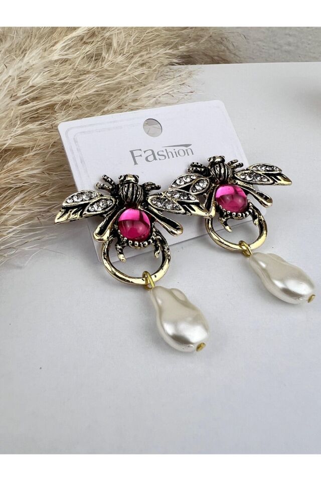 Pembe Taşlı Arı Model Kadın Küpe İncili