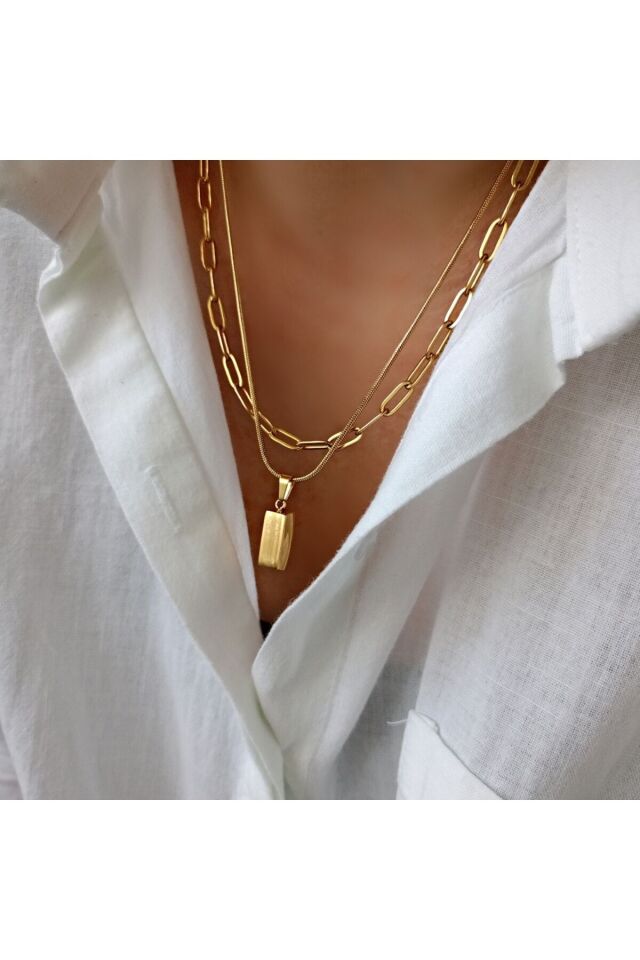 Çelik Yılan Zincir Külçe Kolye Trend Kadın Takı