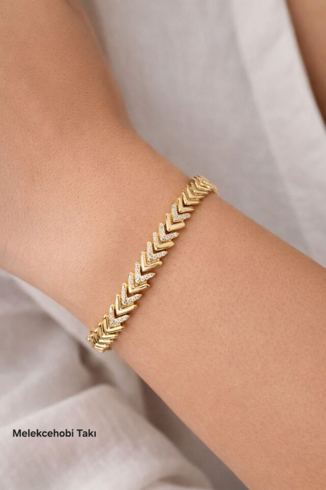 Xuping 14K Altın Kaplama Taşlı Balık Sırtı (Zikzak) Bileklik /Melekcehobi Takı