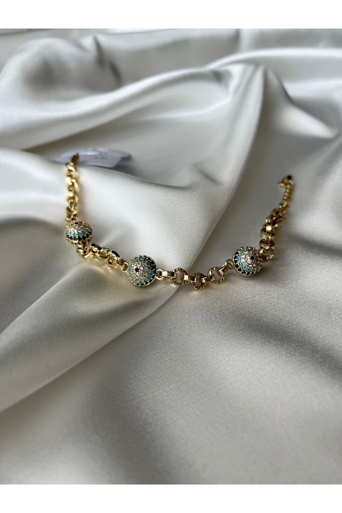 Zirkon Taşlı Lazer Kesimli Nazar Boncuklu 14K Altın Kaplama Özel Seri Bileklik