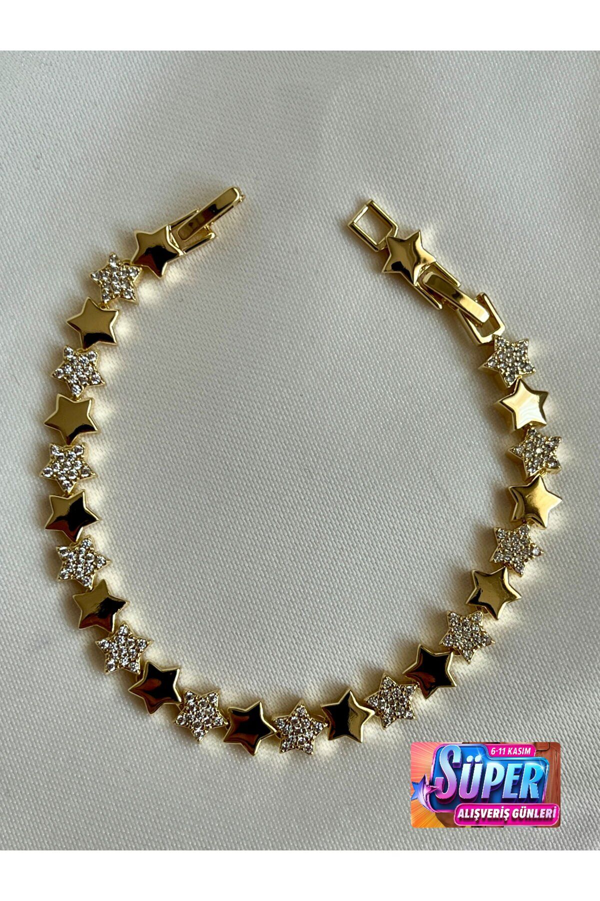 14K Gold Renginde Kuyumcu İşçiliği Yıldız Model Zirkon Taş Detay Kararmaz Kadın Bileklik