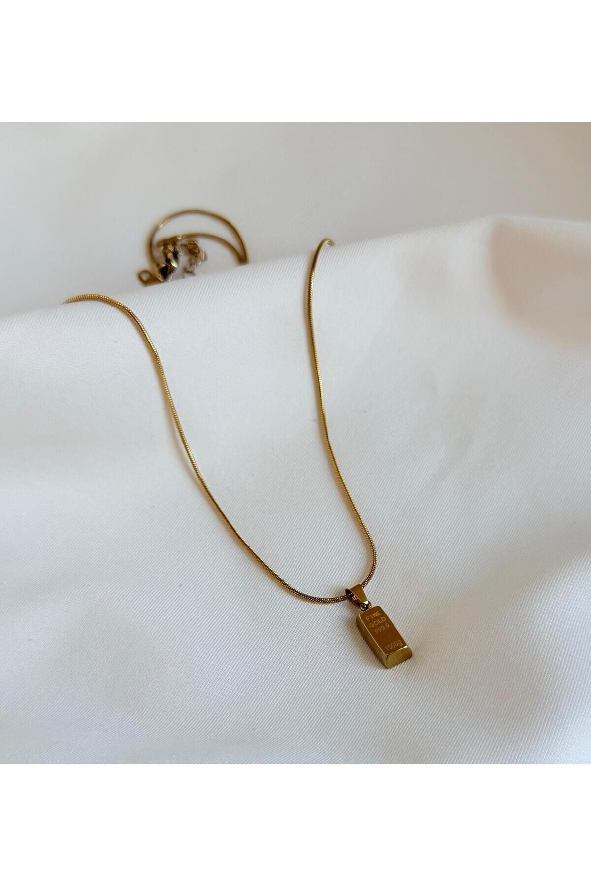 Külçe Kolye Gold Kaplama Çelik Kararma Yapmaz 60 cm
