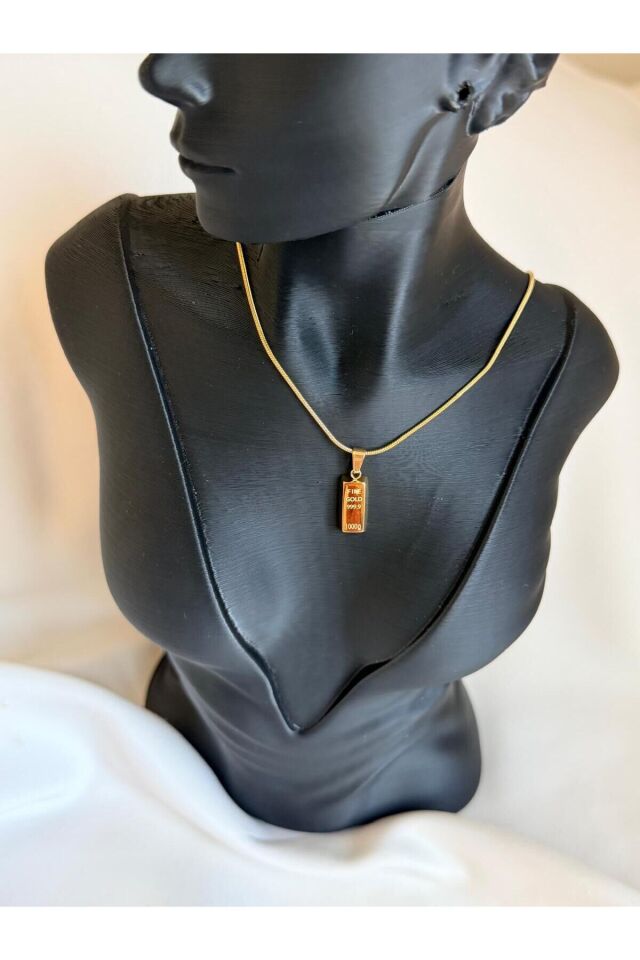 Külçe Kolye Gold Kaplama Çelik Kararma Yapmaz 60 cm