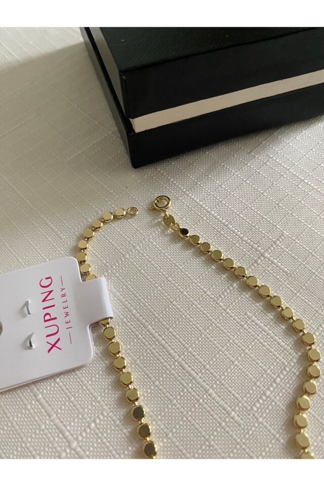 14 K altın renginde kararmaz vip kalite kuyumcu işçiliği pul kolye