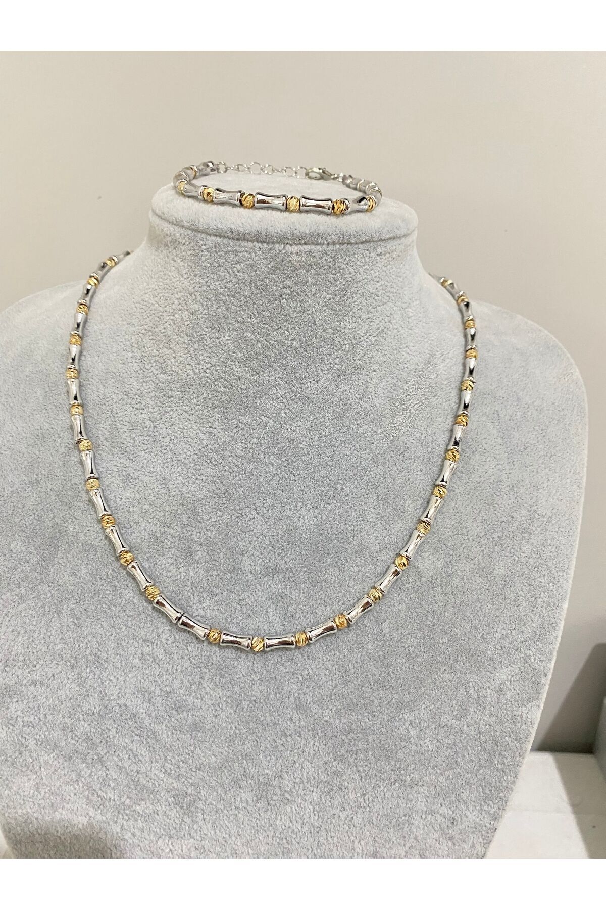 Serenay Dorika Gümüş Silindir Bambu Kolye Bileklik Seti (Dorika Gümüş Gold Kolye Seti)