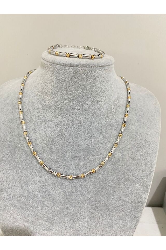 Serenay Dorika Gümüş Silindir Bambu Kolye Bileklik Seti (Dorika Gümüş Gold Kolye Seti)